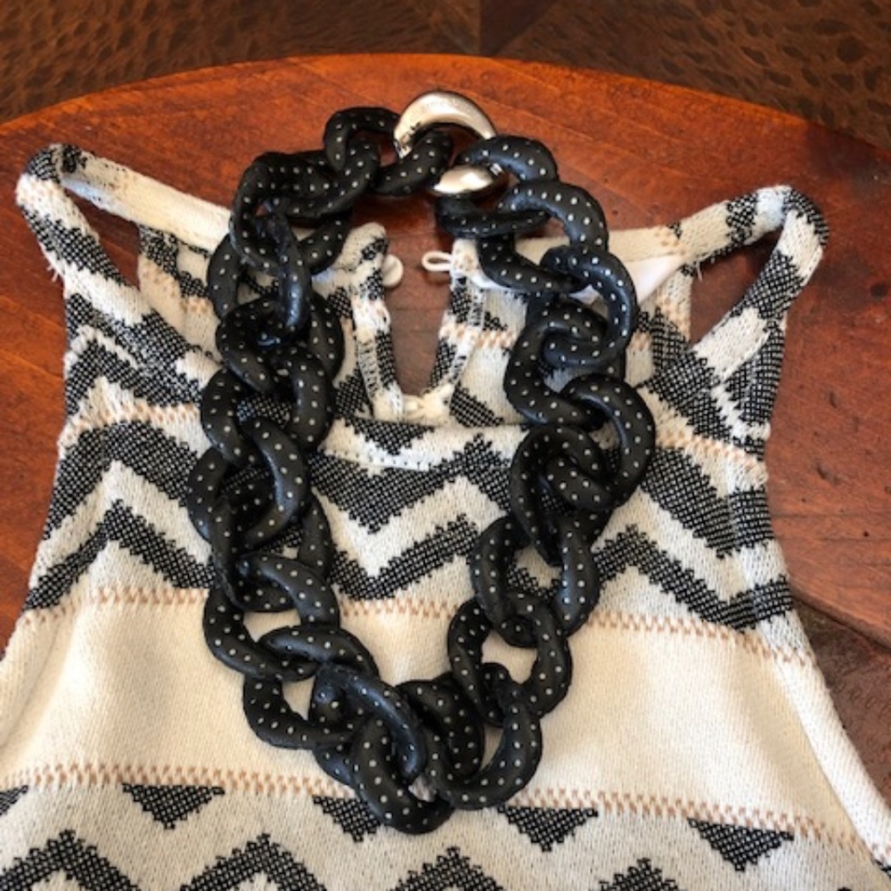 Charmed Circle Black Leather Wrapped Statement Links Necklace